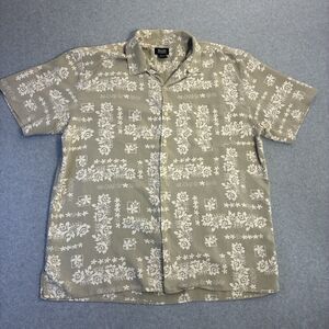 Men’s Large G.H. Bass Silk Hawaiian Shirt Gray White Floral Short Sleeve